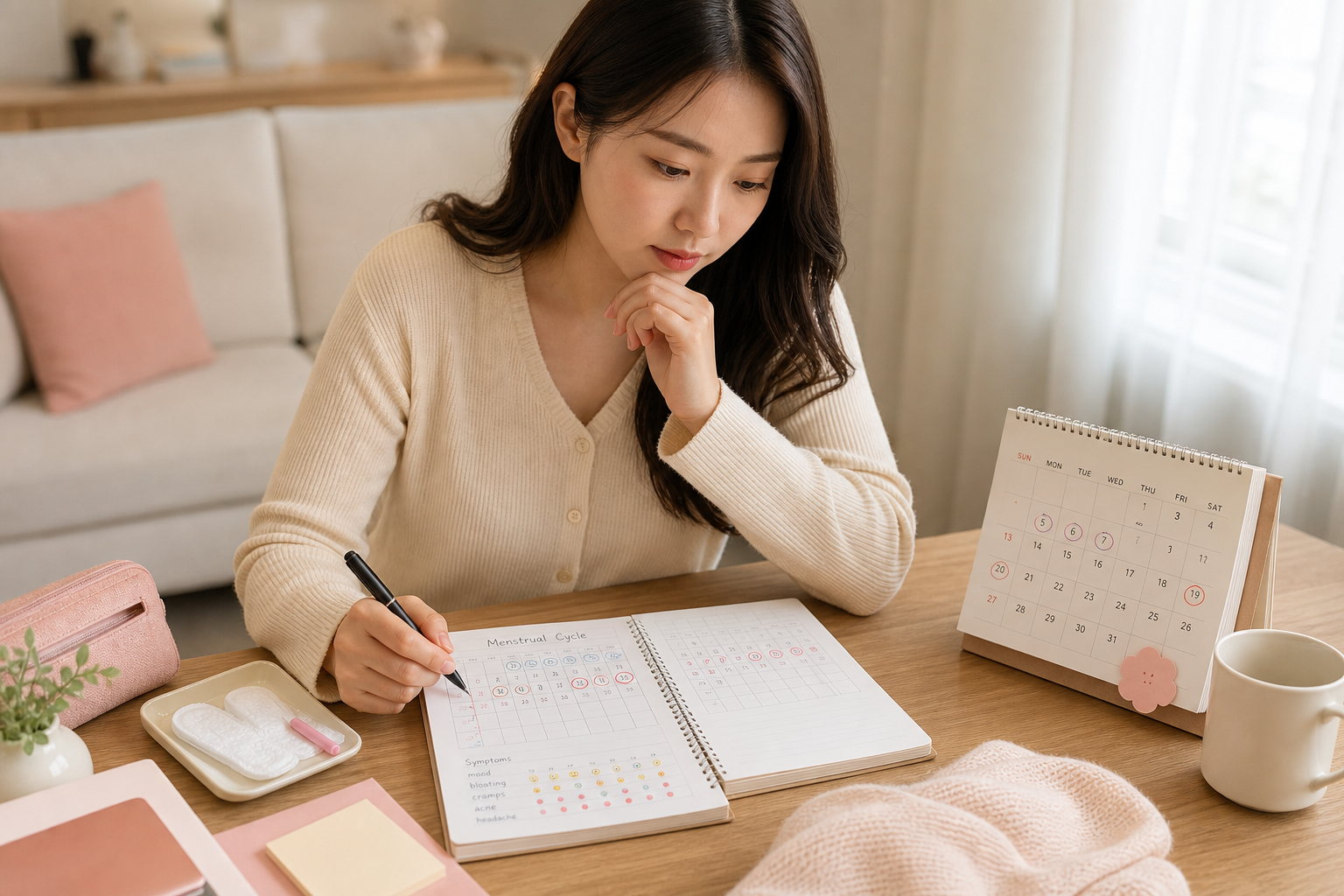 생리주기 기록을 확인하는 여성의 모습