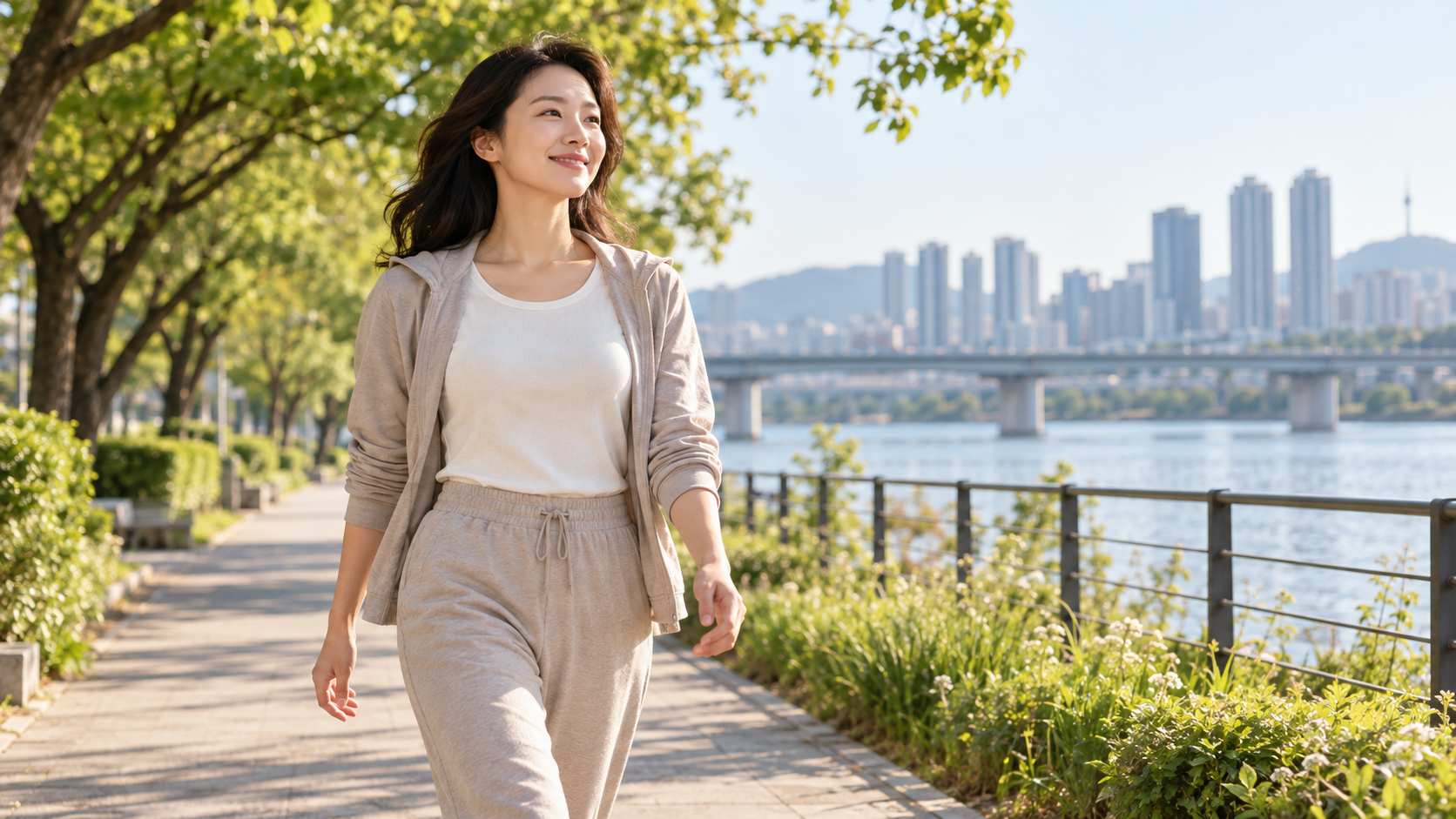 통증 회복 과정에서 가벼운 걷기를 하는 여성 이미지