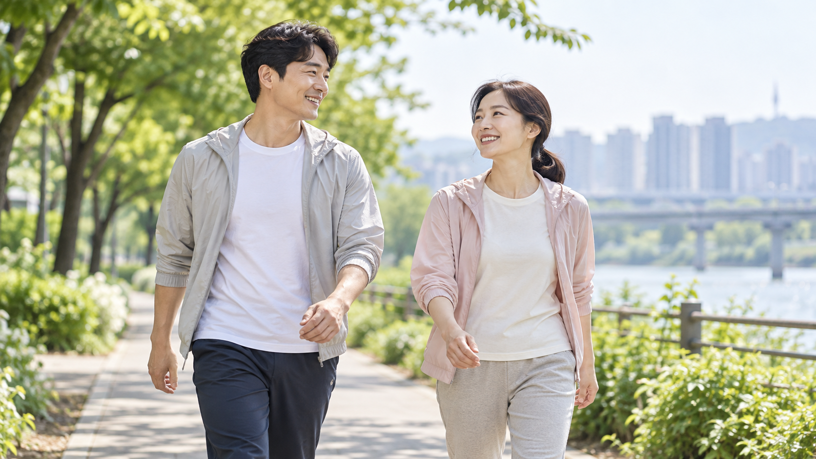 허리통증 회복 과정에서 무리하지 않고 걷는 이미지