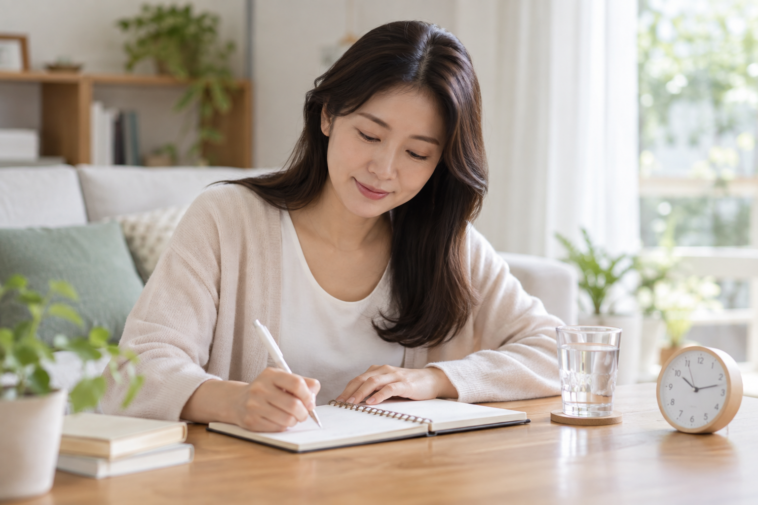 배뇨 증상을 기록하는 여성 이미지